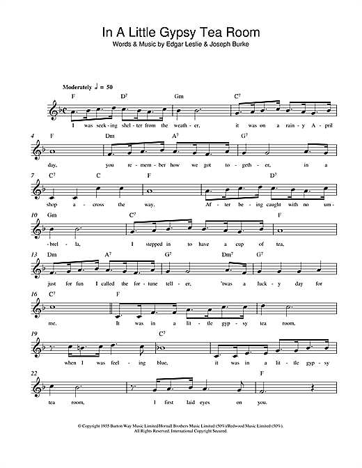 Preview Edgar Leslie In A Little Gypsy Tea Room Traditional sheet music, notes and chords for Melody Line, Lyrics & Chords, SKU: 108406 sheet music, piano notes, chords, guitar tabs, score, transpose, transcribe, how to play, guide, download, learn, tutorial, progression, song, artist, awards, billboard, mtv, vh1, tour, single, album, release