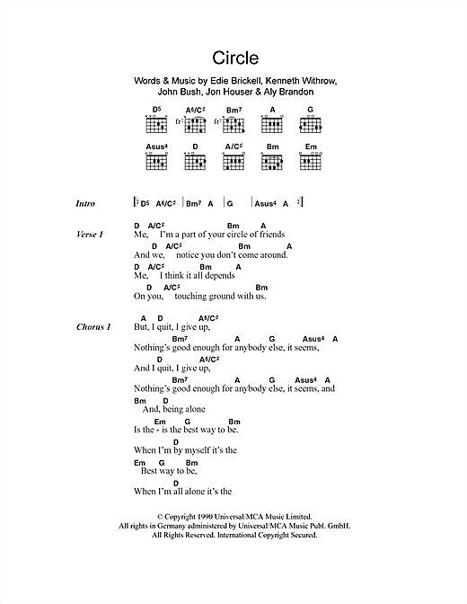 Preview Edie Brickell Circle Rock sheet music, notes and chords for Lyrics & Chords, SKU: 101321 sheet music, piano notes, chords, guitar tabs, score, transpose, transcribe, how to play, guide, download, learn, tutorial, progression, song, artist, awards, billboard, mtv, vh1, tour, single, album, release