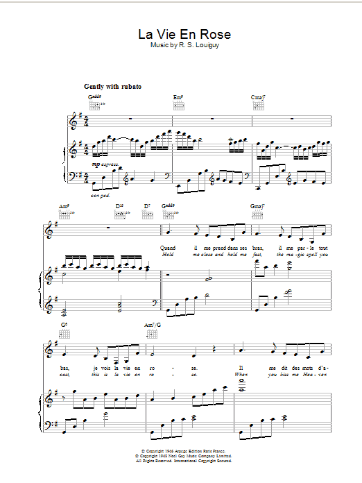 Edith Piaf La Vie En Rose Sheet Music Download Printable Film Tv Pdf Score How To Play On Piano Vocal Guitar Sku