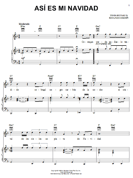 Preview Edmundo Disdier Asi Es Mi Navidad World sheet music, notes and chords for Piano, Vocal & Guitar (Right-Hand Melody), SKU: 21348 sheet music, piano notes, chords, guitar tabs, score, transpose, transcribe, how to play, guide, download, learn, tutorial, progression, song, artist, awards, billboard, mtv, vh1, tour, single, album, release