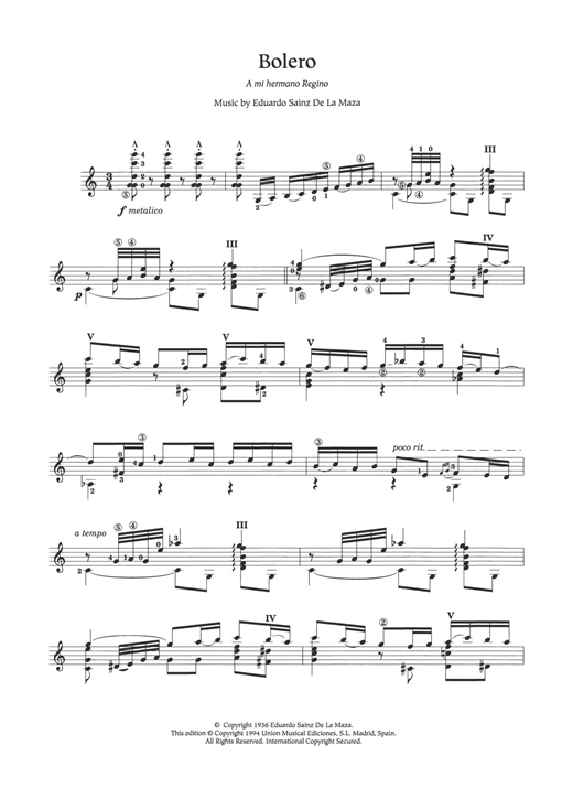 Preview Eduardo Sainz de la Maza Bolero Classical sheet music, notes and chords for Guitar, SKU: 121403 sheet music, piano notes, chords, guitar tabs, score, transpose, transcribe, how to play, guide, download, learn, tutorial, progression, song, artist, awards, billboard, mtv, vh1, tour, single, album, release