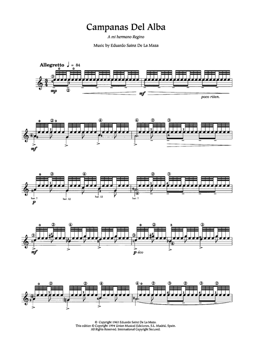 Preview Eduardo Sainz de la Maza Campanas Del Alba Classical sheet music, notes and chords for Guitar, SKU: 121404 sheet music, piano notes, chords, guitar tabs, score, transpose, transcribe, how to play, guide, download, learn, tutorial, progression, song, artist, awards, billboard, mtv, vh1, tour, single, album, release