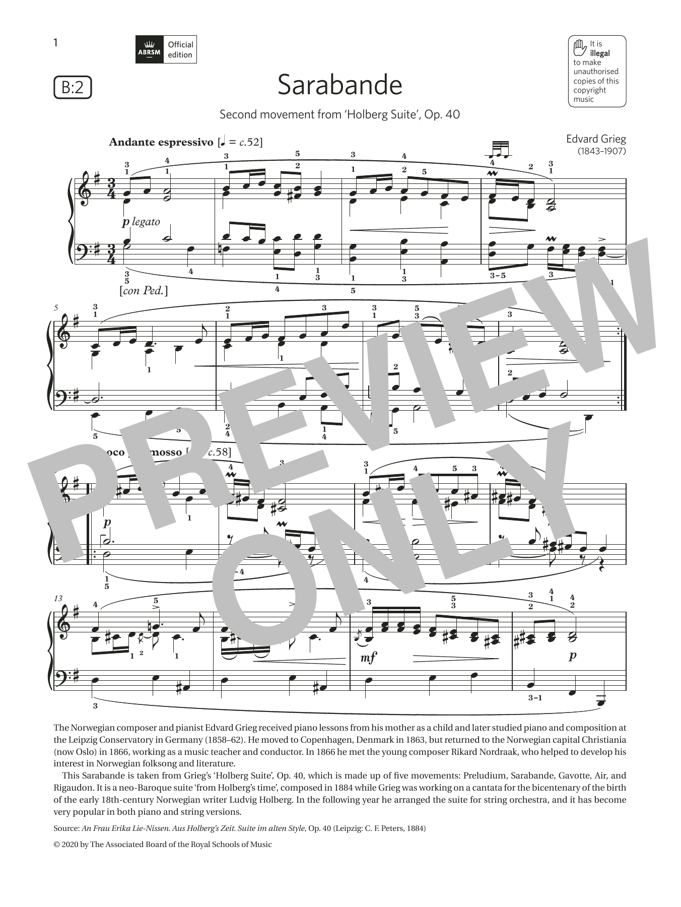 Edvard Grieg Sarabande (Grade 7, list B2, from the ABRSM Piano Syllabus 2021 & 2022) Sheet Music & Chords for Piano Solo - Download or Print PDF