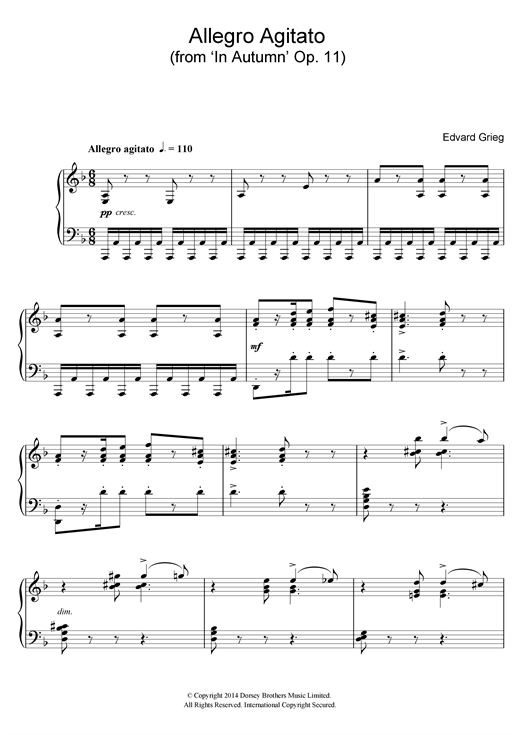 Preview Edvard Grieg Allegro Agitato (from 'In Autumn' Op. 11) Classical sheet music, notes and chords for Piano, SKU: 117723 sheet music, piano notes, chords, guitar tabs, score, transpose, transcribe, how to play, guide, download, learn, tutorial, progression, song, artist, awards, billboard, mtv, vh1, tour, single, album, release
