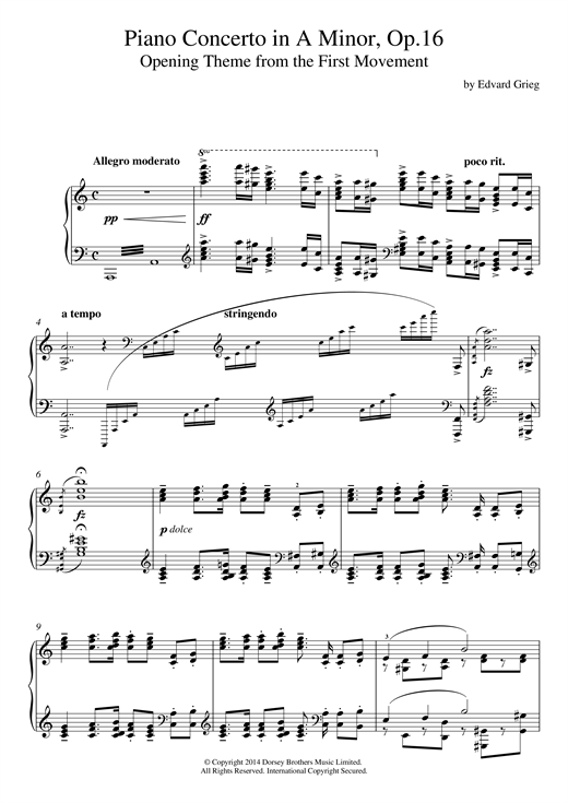 Preview Edvard Grieg Piano Concerto in A Minor, Op.16, Opening Theme Classical sheet music, notes and chords for Piano, SKU: 121672 sheet music, piano notes, chords, guitar tabs, score, transpose, transcribe, how to play, guide, download, learn, tutorial, progression, song, artist, awards, billboard, mtv, vh1, tour, single, album, release