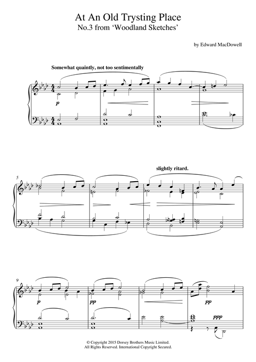 Preview Edward MacDowell At An Old Trysting Place (10 Woodland Sketches, Op.51, No.3) Classical sheet music, notes and chords for Piano, SKU: 120771 sheet music, piano notes, chords, guitar tabs, score, transpose, transcribe, how to play, guide, download, learn, tutorial, progression, song, artist, awards, billboard, mtv, vh1, tour, single, album, release