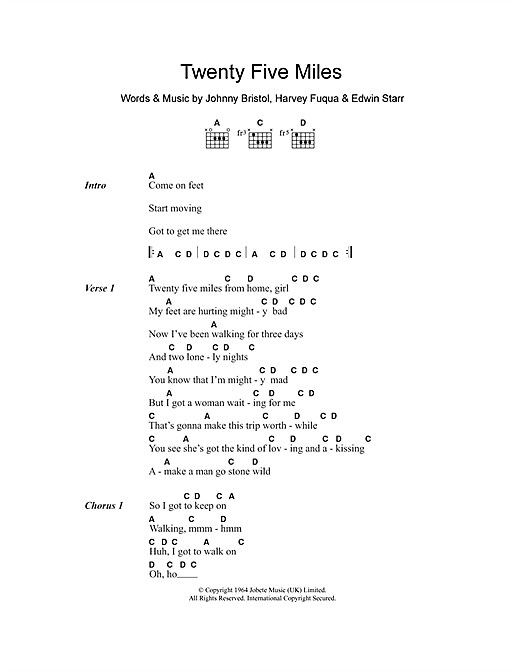 Preview Edwin Starr Twenty Five Miles Soul sheet music, notes and chords for Lyrics & Chords, SKU: 108539 sheet music, piano notes, chords, guitar tabs, score, transpose, transcribe, how to play, guide, download, learn, tutorial, progression, song, artist, awards, billboard, mtv, vh1, tour, single, album, release