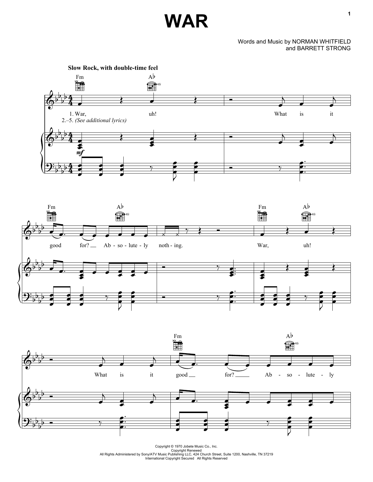 Preview Edwin Starr War Pop sheet music, notes and chords for Piano, Vocal & Guitar (Right-Hand Melody), SKU: 69944 Download Edwin Starr War sheet music and printable PDF score & Pop music notes