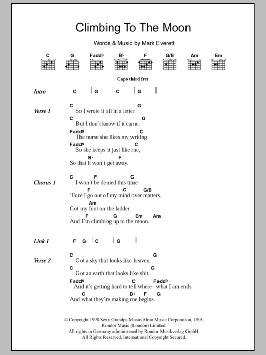 Eels Climbing To The Moon Sheet Music & Chords for Lyrics & Chords - Download or Print PDF