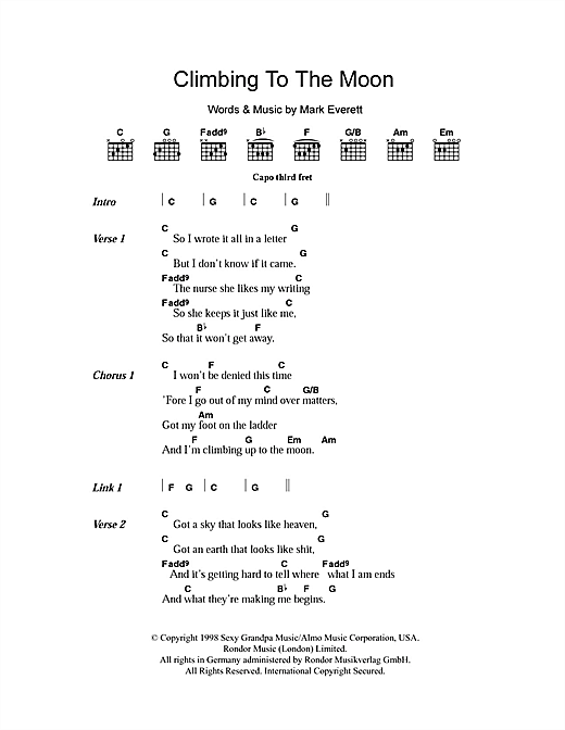 Preview Eels Climbing To The Moon Rock sheet music, notes and chords for Lyrics & Chords, SKU: 101326 sheet music, piano notes, chords, guitar tabs, score, transpose, transcribe, how to play, guide, download, learn, tutorial, progression, song, artist, awards, billboard, mtv, vh1, tour, single, album, release