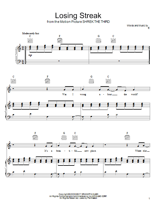 Preview Eels Losing Streak Pop sheet music, notes and chords for Piano, Vocal & Guitar (Right-Hand Melody), SKU: 62833 sheet music, piano notes, chords, guitar tabs, score, transpose, transcribe, how to play, guide, download, learn, tutorial, progression, song, artist, awards, billboard, mtv, vh1, tour, single, album, release