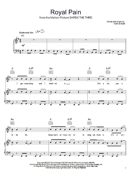 Preview Eels Royal Pain Pop sheet music, notes and chords for Piano, Vocal & Guitar (Right-Hand Melody), SKU: 62834 Download Eels Royal Pain sheet music and printable PDF score & Pop music notes