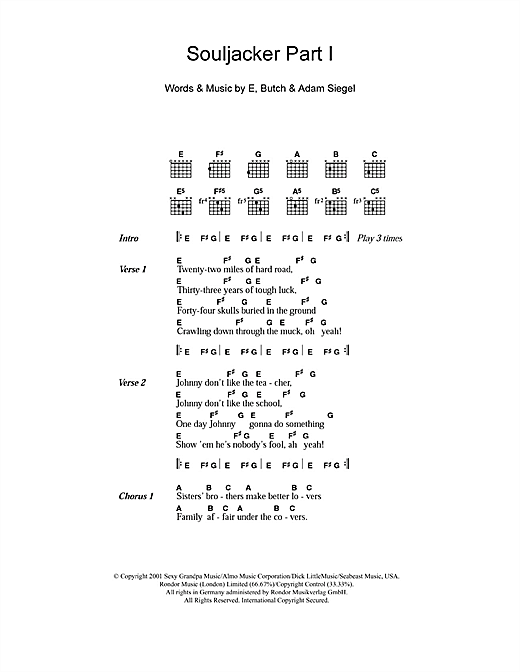 Preview Eels Souljacker Part I Rock sheet music, notes and chords for Lyrics & Chords, SKU: 107814 sheet music, piano notes, chords, guitar tabs, score, transpose, transcribe, how to play, guide, download, learn, tutorial, progression, song, artist, awards, billboard, mtv, vh1, tour, single, album, release
