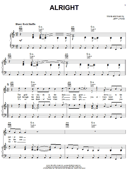 Preview Electric Light Orchestra Alright Rock sheet music, notes and chords for Piano, Vocal & Guitar (Right-Hand Melody), SKU: 62984 sheet music, piano notes, chords, guitar tabs, score, transpose, transcribe, how to play, guide, download, learn, tutorial, progression, song, artist, awards, billboard, mtv, vh1, tour, single, album, release