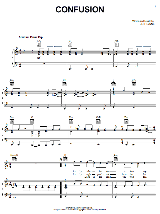 Preview Electric Light Orchestra Confusion Rock sheet music, notes and chords for Piano, Vocal & Guitar (Right-Hand Melody), SKU: 62990 Download Electric Light Orchestra Confusion sheet music and printable PDF score & Rock music notes