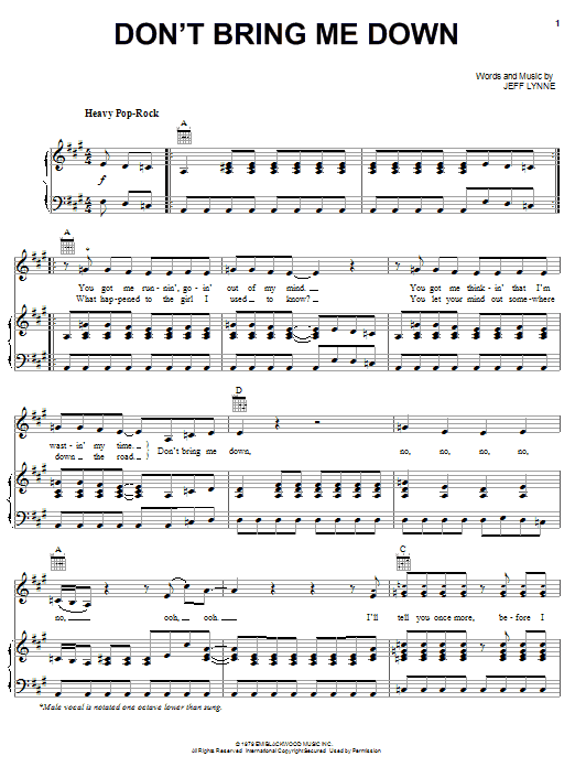 Preview Electric Light Orchestra Don't Bring Me Down Rock sheet music, notes and chords for Piano, Vocal & Guitar (Right-Hand Melody), SKU: 62970 sheet music, piano notes, chords, guitar tabs, score, transpose, transcribe, how to play, guide, download, learn, tutorial, progression, song, artist, awards, billboard, mtv, vh1, tour, single, album, release