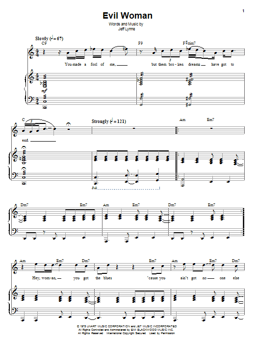 Preview Electric Light Orchestra Evil Woman Rock sheet music, notes and chords for Piano & Vocal, SKU: 62890 Download Electric Light Orchestra Evil Woman sheet music and printable PDF score & Rock music notes