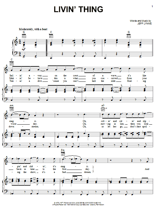 Preview Electric Light Orchestra Livin' Thing Rock sheet music, notes and chords for Piano, Vocal & Guitar (Right-Hand Melody), SKU: 62968 Download Electric Light Orchestra Livin' Thing sheet music and printable PDF score & Rock music notes
