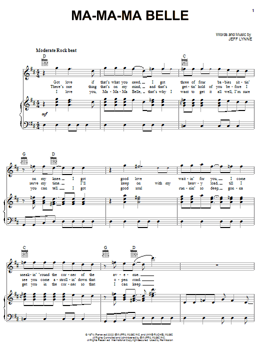 Preview Electric Light Orchestra Ma-Ma-Ma Belle Rock sheet music, notes and chords for Piano, Vocal & Guitar (Right-Hand Melody), SKU: 62963 sheet music, piano notes, chords, guitar tabs, score, transpose, transcribe, how to play, guide, download, learn, tutorial, progression, song, artist, awards, billboard, mtv, vh1, tour, single, album, release