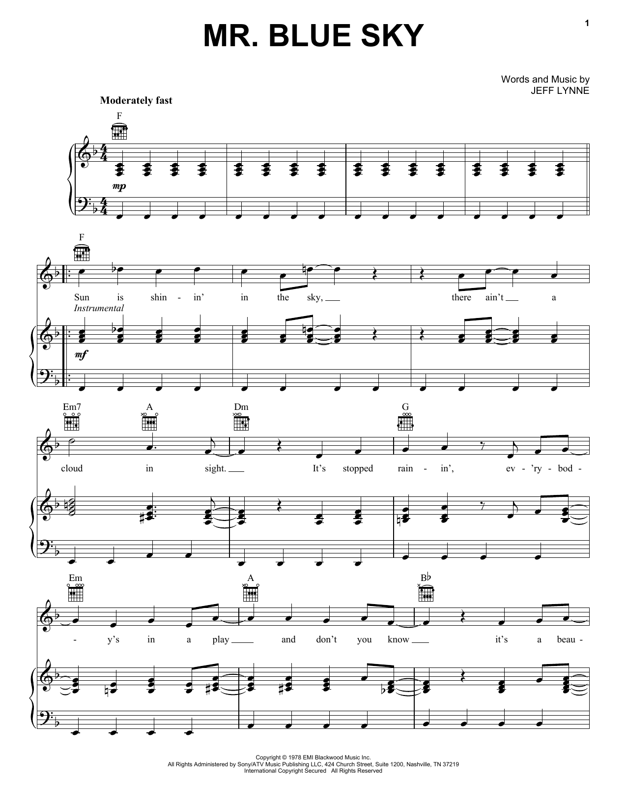 Preview Electric Light Orchestra Mr. Blue Sky Rock sheet music, notes and chords for Piano, Vocal & Guitar (Right-Hand Melody), SKU: 62966 sheet music, piano notes, chords, guitar tabs, score, transpose, transcribe, how to play, guide, download, learn, tutorial, progression, song, artist, awards, billboard, mtv, vh1, tour, single, album, release