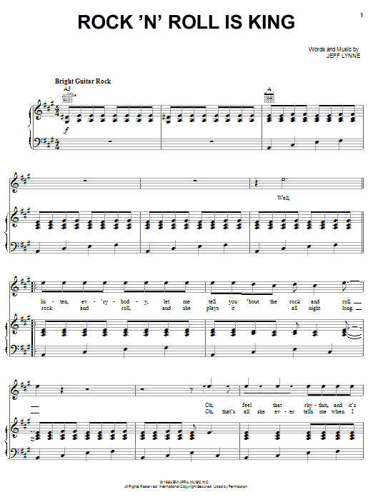 Preview Electric Light Orchestra Rock 'N' Roll Is King Rock sheet music, notes and chords for Piano, Vocal & Guitar (Right-Hand Melody), SKU: 62965 sheet music, piano notes, chords, guitar tabs, score, transpose, transcribe, how to play, guide, download, learn, tutorial, progression, song, artist, awards, billboard, mtv, vh1, tour, single, album, release