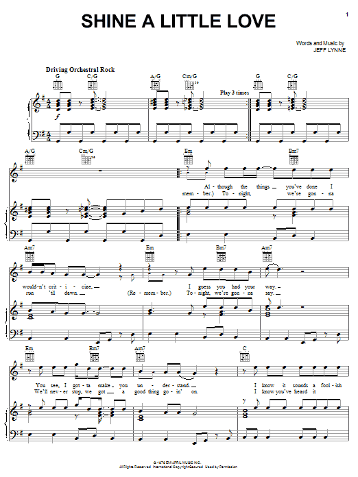 Preview Electric Light Orchestra Shine A Little Love Rock sheet music, notes and chords for Piano, Vocal & Guitar (Right-Hand Melody), SKU: 62964 Download Electric Light Orchestra Shine A Little Love sheet music and printable PDF score & Rock music notes