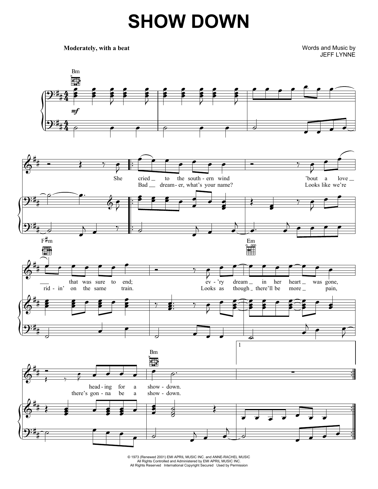 Preview Electric Light Orchestra Show Down Rock sheet music, notes and chords for Piano, Vocal & Guitar (Right-Hand Melody), SKU: 62962 sheet music, piano notes, chords, guitar tabs, score, transpose, transcribe, how to play, guide, download, learn, tutorial, progression, song, artist, awards, billboard, mtv, vh1, tour, single, album, release