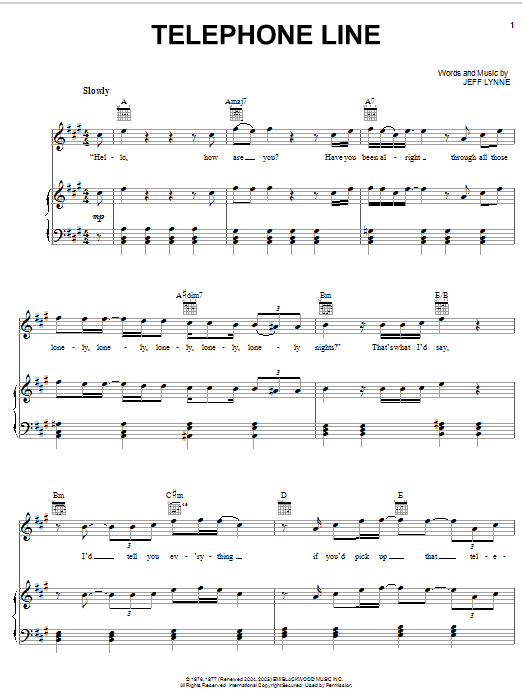 Preview Electric Light Orchestra Telephone Line Rock sheet music, notes and chords for Piano, Vocal & Guitar (Right-Hand Melody), SKU: 58833 sheet music, piano notes, chords, guitar tabs, score, transpose, transcribe, how to play, guide, download, learn, tutorial, progression, song, artist, awards, billboard, mtv, vh1, tour, single, album, release