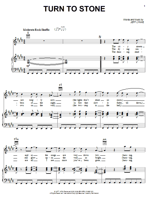 Preview Electric Light Orchestra Turn To Stone Rock sheet music, notes and chords for Piano, Vocal & Guitar (Right-Hand Melody), SKU: 62991 sheet music, piano notes, chords, guitar tabs, score, transpose, transcribe, how to play, guide, download, learn, tutorial, progression, song, artist, awards, billboard, mtv, vh1, tour, single, album, release
