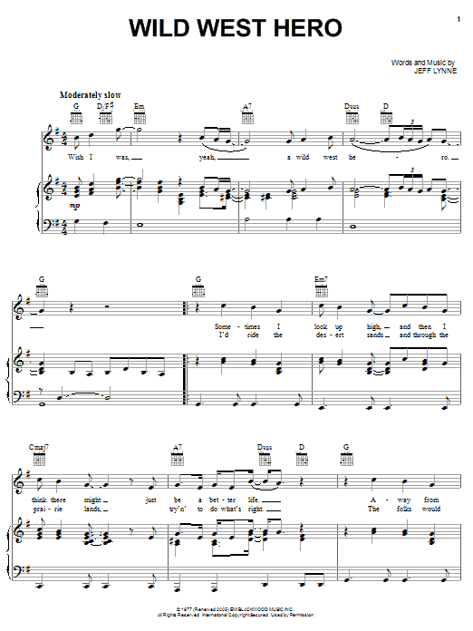 Preview Electric Light Orchestra Wild West Hero Rock sheet music, notes and chords for Piano, Vocal & Guitar (Right-Hand Melody), SKU: 62969 sheet music, piano notes, chords, guitar tabs, score, transpose, transcribe, how to play, guide, download, learn, tutorial, progression, song, artist, awards, billboard, mtv, vh1, tour, single, album, release