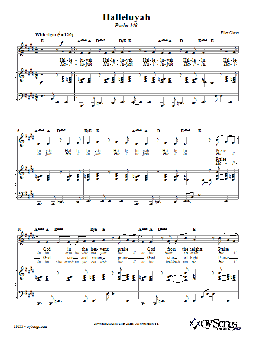 Preview Eliot Glaser Halleluyah (Psalm 148) Religious sheet music, notes and chords for Piano, Vocal & Guitar (Right-Hand Melody), SKU: 66395 Download Eliot Glaser Halleluyah (Psalm 148) sheet music and printable PDF score & Religious music notes