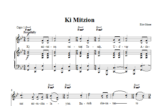 Preview Eliot Glaser Ki Mitzion Religious sheet music, notes and chords for Piano, Vocal & Guitar (Right-Hand Melody), SKU: 66458 Download Eliot Glaser Ki Mitzion sheet music and printable PDF score & Religious music notes