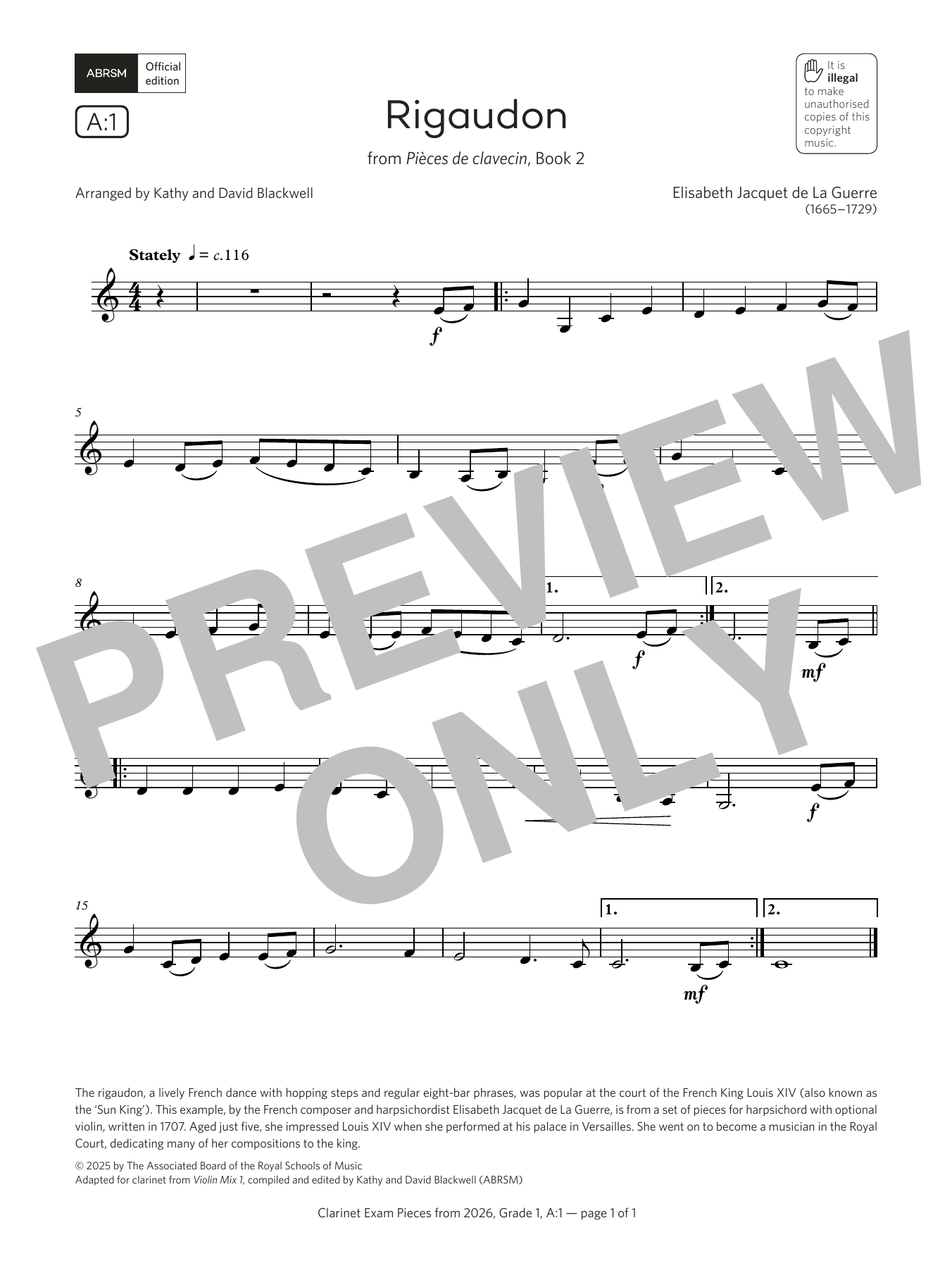 Elisabeth Jacquet de La Guerre Rigaudon (Grade 1, list A1, from the ABRSM Clarinet Syllabus from 2026) Sheet Music & Chords for Clarinet Solo - Download or Print PDF