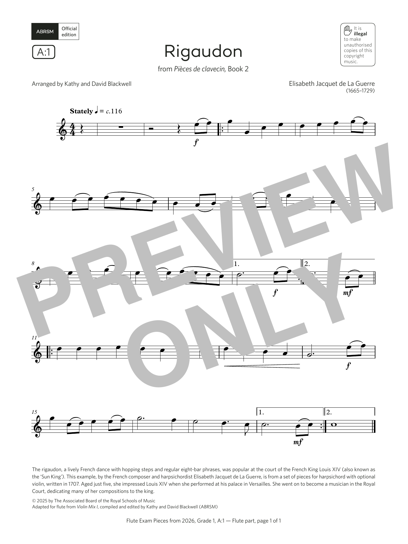 Elisabeth Jacquet de La Guerre Rigaudon (Grade 1, list A1, from the ABRSM Flute Syllabus from 2026) Sheet Music & Chords for Flute Solo - Download or Print PDF