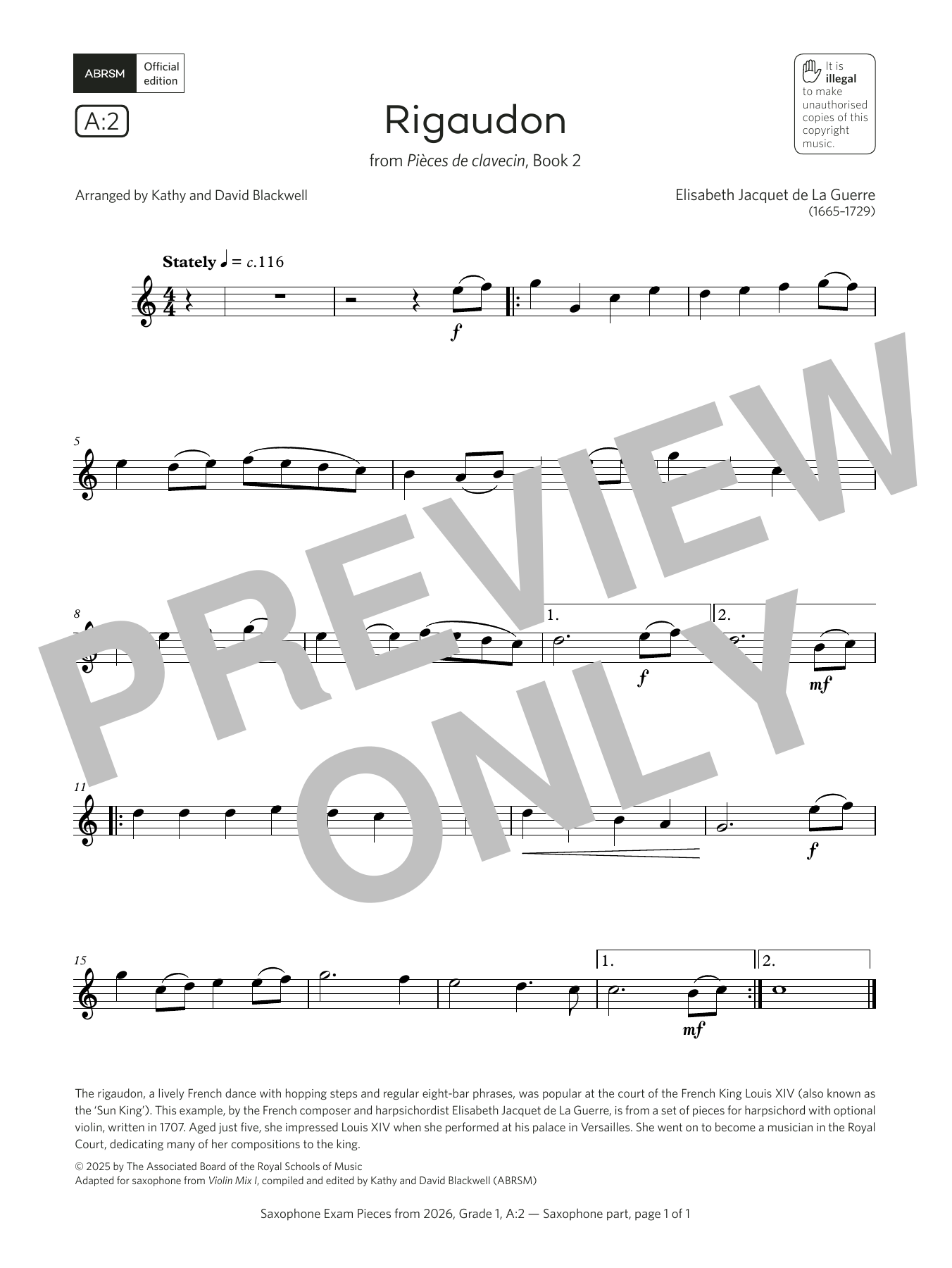 Elisabeth Jacquet de La Guerre Rigaudon (Grade 1, list A2, from the ABRSM Saxophone Syllabus from 2026) Sheet Music & Chords for Alto Sax Solo - Download or Print PDF