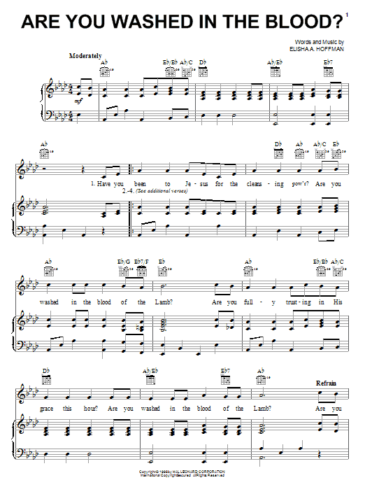 Preview Elisha A. Hoffman Are You Washed In The Blood? Hymn sheet music, notes and chords for Lyrics & Chords, SKU: 82342 sheet music, piano notes, chords, guitar tabs, score, transpose, transcribe, how to play, guide, download, learn, tutorial, progression, song, artist, awards, billboard, mtv, vh1, tour, single, album, release