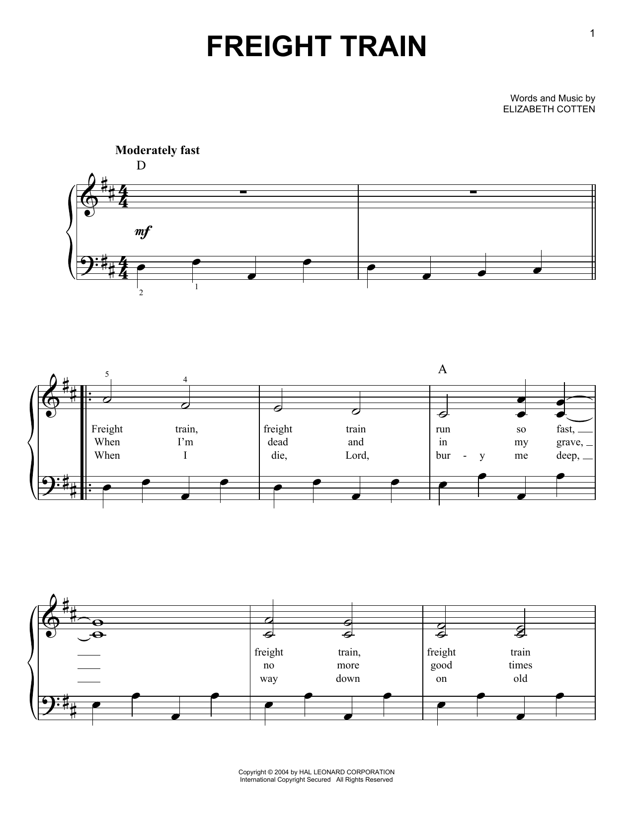 Download Elizabeth Cotten Freight Train sheet music and printable PDF score & Folk music notes