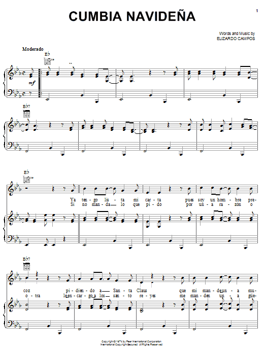 Preview Elizardo Campos Cumbia Navideña World sheet music, notes and chords for Piano, Vocal & Guitar (Right-Hand Melody), SKU: 21351 sheet music, piano notes, chords, guitar tabs, score, transpose, transcribe, how to play, guide, download, learn, tutorial, progression, song, artist, awards, billboard, mtv, vh1, tour, single, album, release