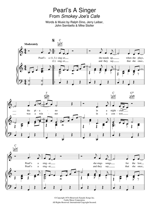 Preview Elkie Brooks Pearl's A Singer (from 'Smokey Joe's Cafe') Rock sheet music, notes and chords for Piano, Vocal & Guitar (Right-Hand Melody), SKU: 121250 sheet music, piano notes, chords, guitar tabs, score, transpose, transcribe, how to play, guide, download, learn, tutorial, progression, song, artist, awards, billboard, mtv, vh1, tour, single, album, release