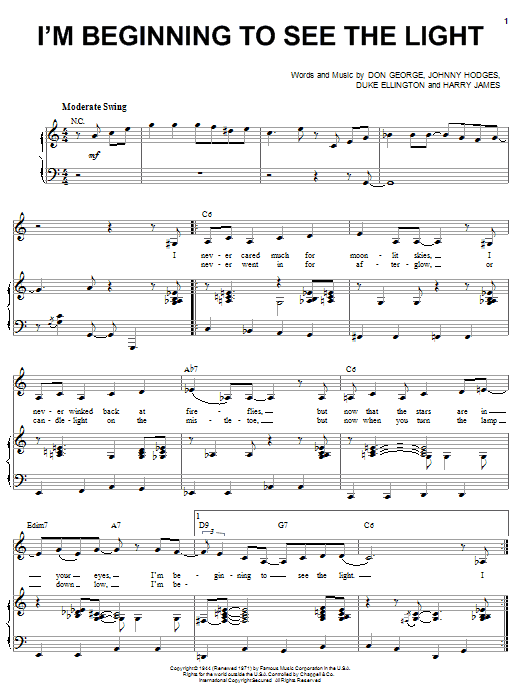 Preview Ella Fitzgerald I'm Beginning To See The Light Jazz sheet music, notes and chords for SATB, SKU: 121418 sheet music, piano notes, chords, guitar tabs, score, transpose, transcribe, how to play, guide, download, learn, tutorial, progression, song, artist, awards, billboard, mtv, vh1, tour, single, album, release