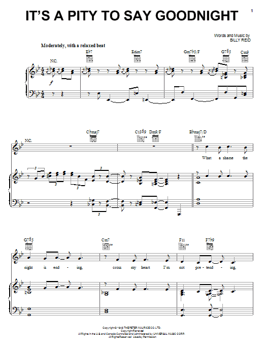 Preview Ella Fitzgerald It's A Pity To Say Goodnight Jazz sheet music, notes and chords for Piano, Vocal & Guitar (Right-Hand Melody), SKU: 47527 sheet music, piano notes, chords, guitar tabs, score, transpose, transcribe, how to play, guide, download, learn, tutorial, progression, song, artist, awards, billboard, mtv, vh1, tour, single, album, release