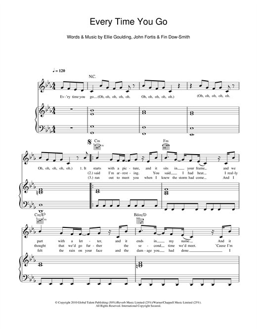 Preview Ellie Goulding Every Time You Go Pop sheet music, notes and chords for Piano, Vocal & Guitar, SKU: 101216 sheet music, piano notes, chords, guitar tabs, score, transpose, transcribe, how to play, guide, download, learn, tutorial, progression, song, artist, awards, billboard, mtv, vh1, tour, single, album, release