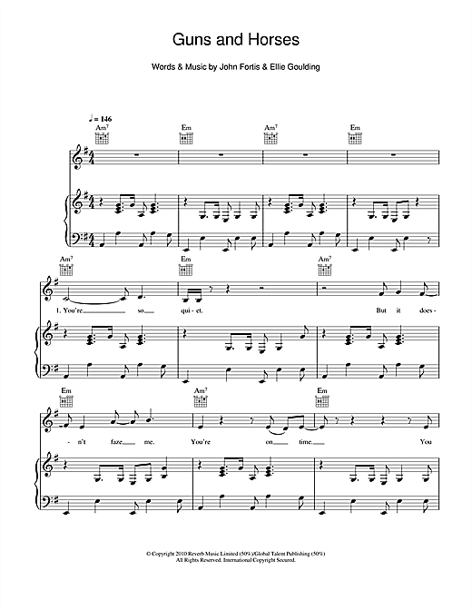 Preview Ellie Goulding Guns And Horses Pop sheet music, notes and chords for Piano, Vocal & Guitar (Right-Hand Melody), SKU: 101222 sheet music, piano notes, chords, guitar tabs, score, transpose, transcribe, how to play, guide, download, learn, tutorial, progression, song, artist, awards, billboard, mtv, vh1, tour, single, album, release