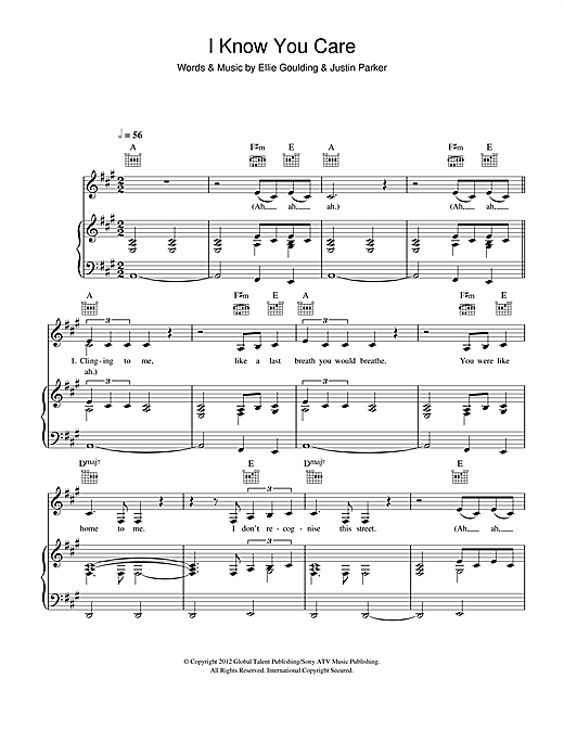 Preview Ellie Goulding I Know You Care Pop sheet music, notes and chords for Piano, Vocal & Guitar (Right-Hand Melody), SKU: 114979 sheet music, piano notes, chords, guitar tabs, score, transpose, transcribe, how to play, guide, download, learn, tutorial, progression, song, artist, awards, billboard, mtv, vh1, tour, single, album, release