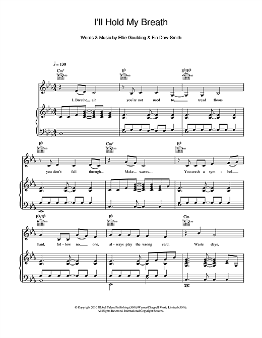 Preview Ellie Goulding I'll Hold My Breath Pop sheet music, notes and chords for Piano, Vocal & Guitar, SKU: 101224 sheet music, piano notes, chords, guitar tabs, score, transpose, transcribe, how to play, guide, download, learn, tutorial, progression, song, artist, awards, billboard, mtv, vh1, tour, single, album, release