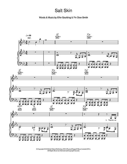 Preview Ellie Goulding Salt Skin Pop sheet music, notes and chords for Piano, Vocal & Guitar, SKU: 101227 sheet music, piano notes, chords, guitar tabs, score, transpose, transcribe, how to play, guide, download, learn, tutorial, progression, song, artist, awards, billboard, mtv, vh1, tour, single, album, release