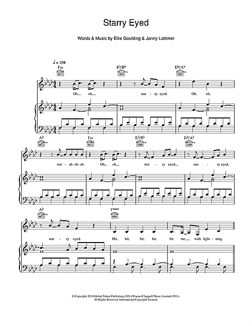 Preview Ellie Goulding Starry Eyed Pop sheet music, notes and chords for Piano, Vocal & Guitar, SKU: 101228 sheet music, piano notes, chords, guitar tabs, score, transpose, transcribe, how to play, guide, download, learn, tutorial, progression, song, artist, awards, billboard, mtv, vh1, tour, single, album, release
