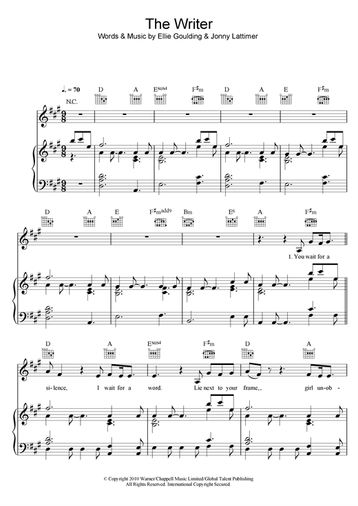 Preview Ellie Goulding The Writer Pop sheet music, notes and chords for Piano, Vocal & Guitar, SKU: 101229 sheet music, piano notes, chords, guitar tabs, score, transpose, transcribe, how to play, guide, download, learn, tutorial, progression, song, artist, awards, billboard, mtv, vh1, tour, single, album, release