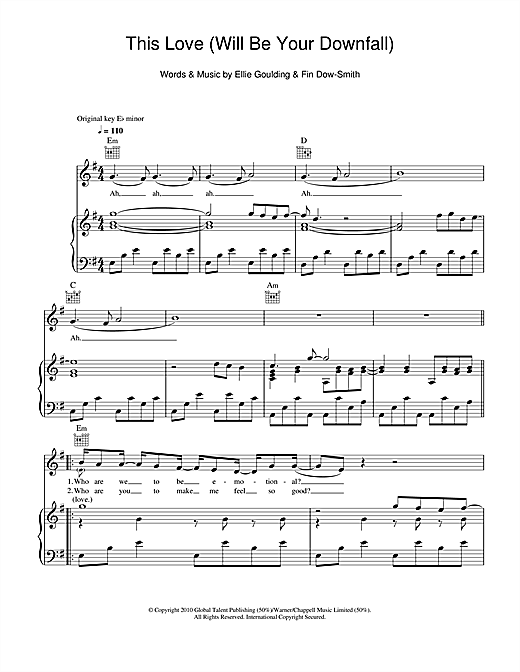 Preview Ellie Goulding This Love (Will Be Your Downfall) Pop sheet music, notes and chords for Piano, Vocal & Guitar, SKU: 101231 sheet music, piano notes, chords, guitar tabs, score, transpose, transcribe, how to play, guide, download, learn, tutorial, progression, song, artist, awards, billboard, mtv, vh1, tour, single, album, release