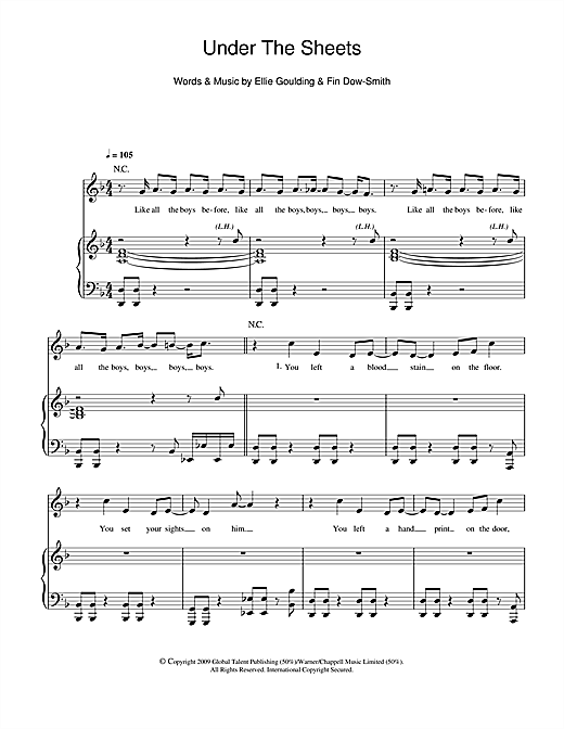 Preview Ellie Goulding Under The Sheets Pop sheet music, notes and chords for Piano, Vocal & Guitar, SKU: 101232 sheet music, piano notes, chords, guitar tabs, score, transpose, transcribe, how to play, guide, download, learn, tutorial, progression, song, artist, awards, billboard, mtv, vh1, tour, single, album, release